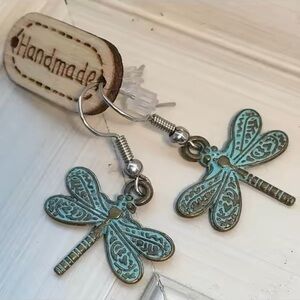 Dragonfly Patina Earrings Turquoise Verdigris Earrings |